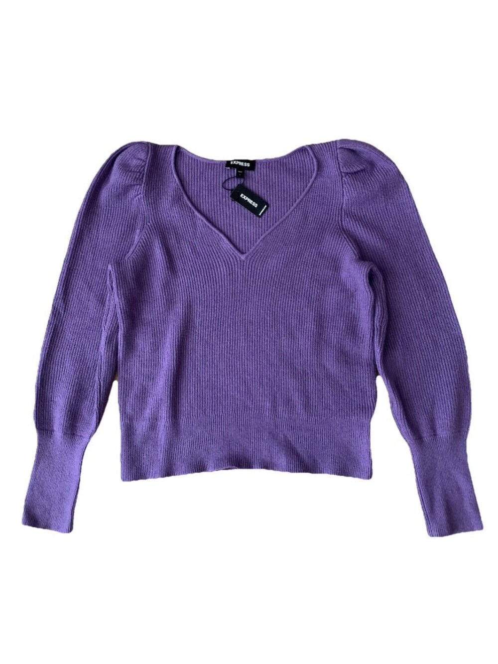 Express Women’s Large Puff Sleeve V-Neck Long Sleeve Sweater Purple NWT